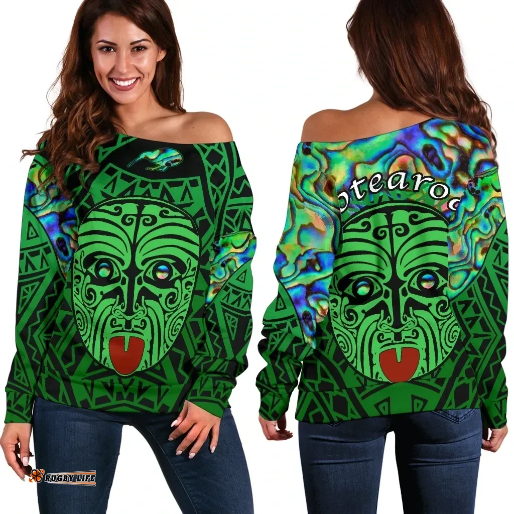 Integrity Maori Ta Moko Women Off Shoulder Sweater Kiwi and Paua Green K13