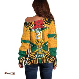 Australia Wallabies Rugby ANZAC Custom Off Shoulder Sweater Poppy Soldier With Aboriginal Dots Art