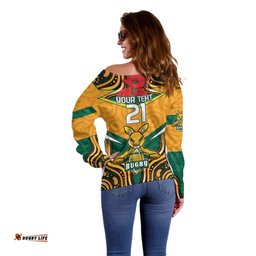 Australia Wallabies Rugby ANZAC Custom Off Shoulder Sweater Poppy Soldier With Aboriginal Dots Art