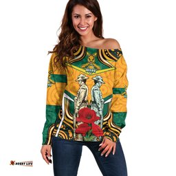 Australia Wallabies Rugby ANZAC Custom Off Shoulder Sweater Poppy Soldier With Aboriginal Dots Art