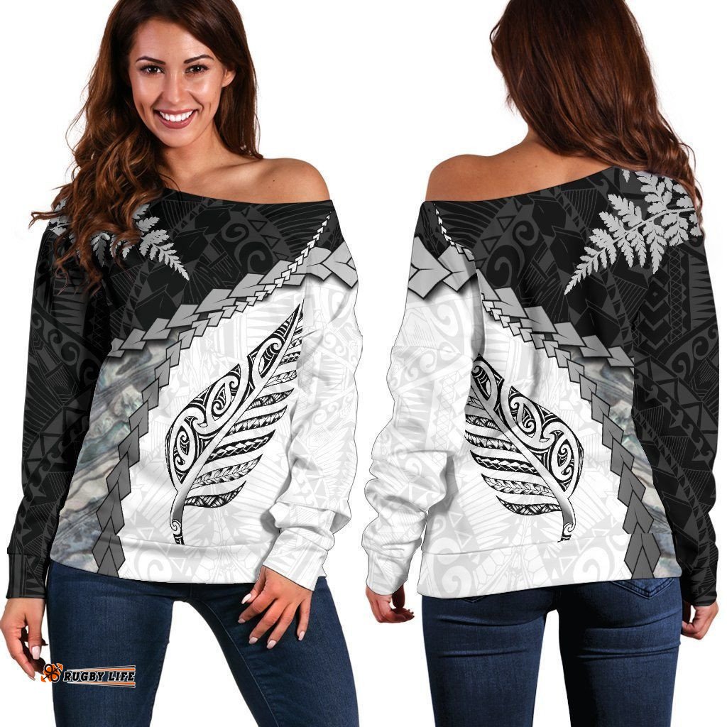 Paua Shell Maori Silver Fern Off Shoulder Sweater White