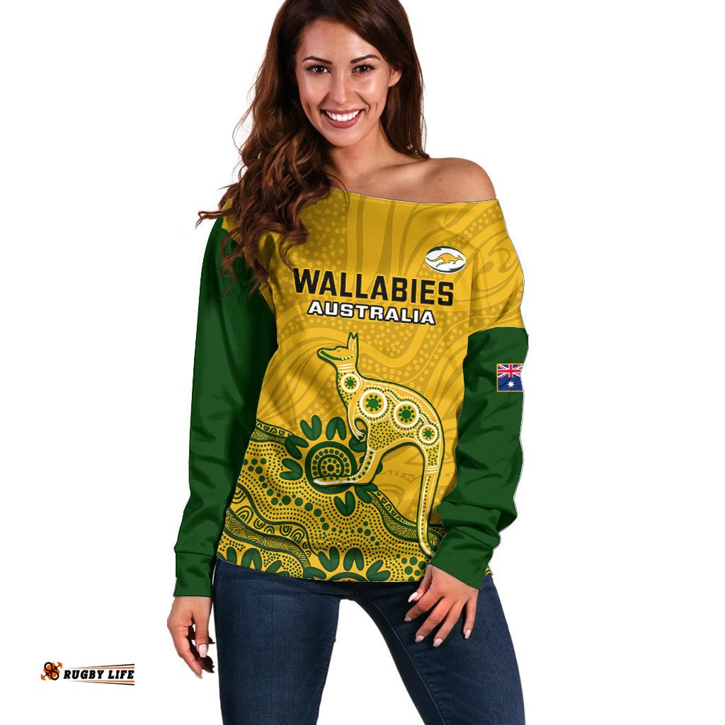 Australia Rugby Off Shoulder Sweater Wallabies Kangaroo Indigenous Art