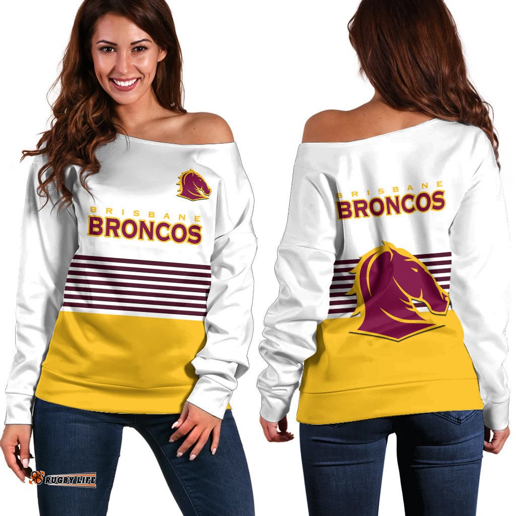 Broncos Rugby Off Shoulder Sweater Sporty Style White Version