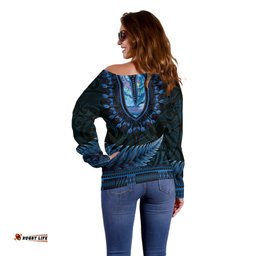 Blue African Dashiki With Aotearoa Maori Off Shoulder Sweater Paua Shell Mix Silver Fern