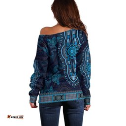 Blue African Dashiki With Australia Aboriginal Art Off Shoulder Sweater