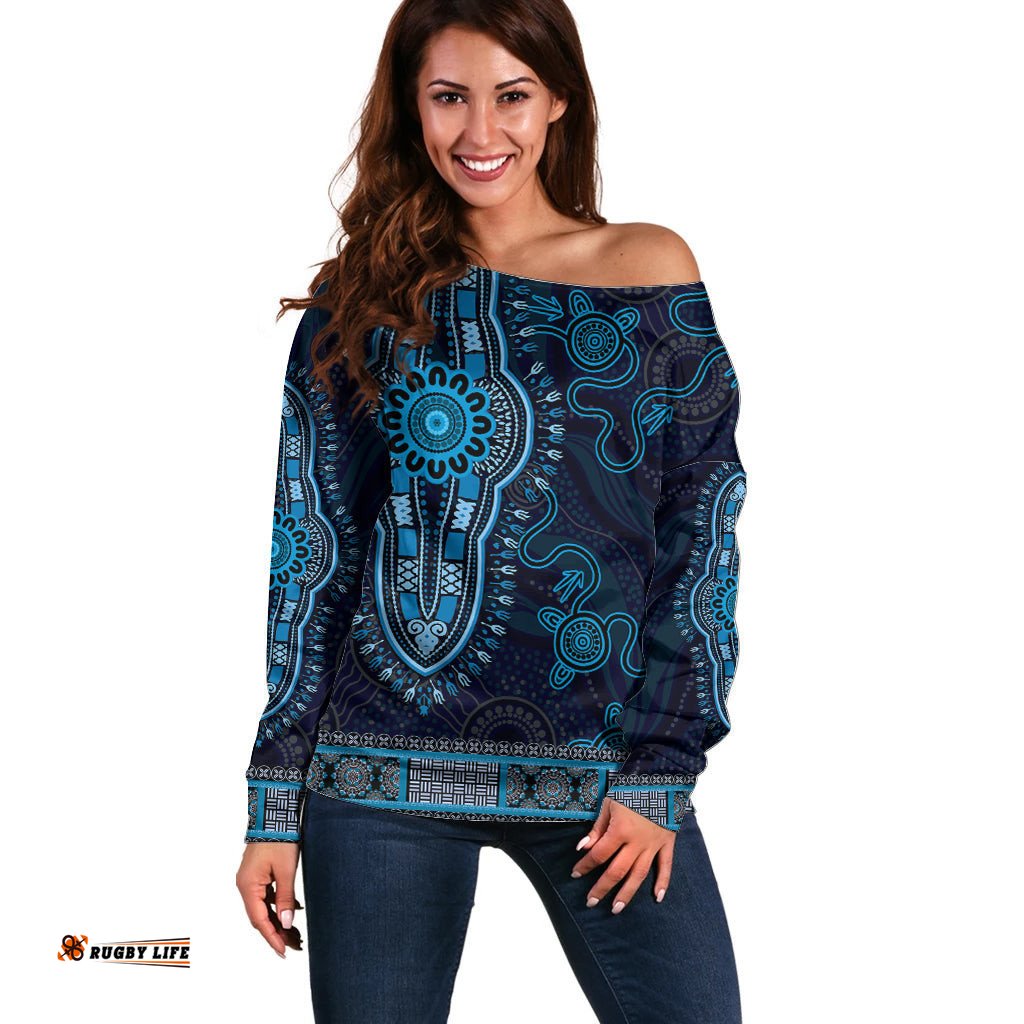 Blue African Dashiki With Australia Aboriginal Art Off Shoulder Sweater