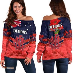 Demons Football ANZAC Women Off Shoulder Sweater Lest We Forget