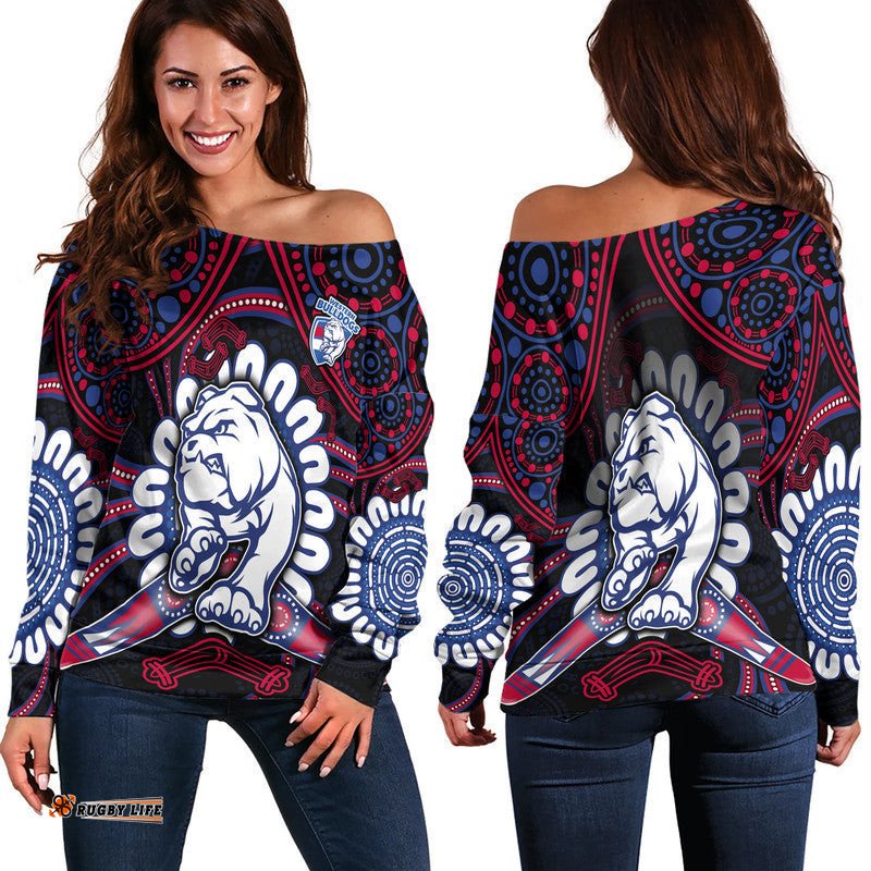 Western Bulldogs Football Women Off Shoulder Sweater Boomerang Indigenous Dots