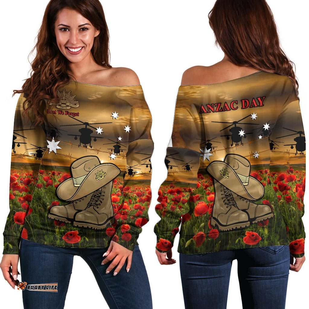 Australian ANZAC Off Shoulder Sweater Slouch Hat And Army Boots With Poppy 06