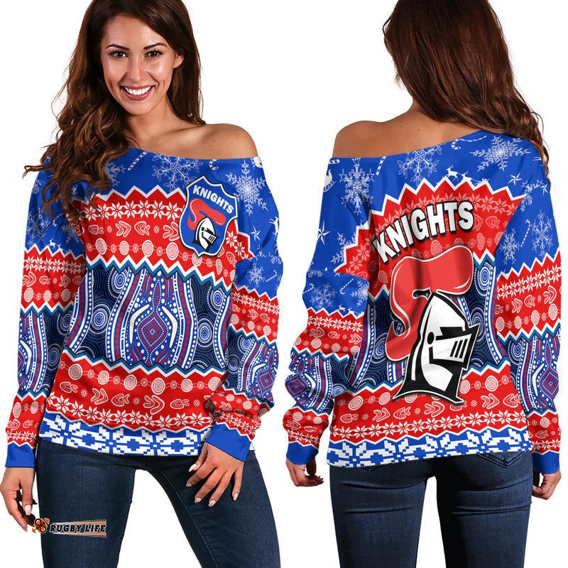 Knights Aboriginal Rugby Novocastrians Christmas Vibe Women Off Shoulder Sweater