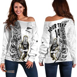 Custom Text And Number New Zealand Silver Fern Rugby Off Shoulder Sweater All Black Maori Version White
