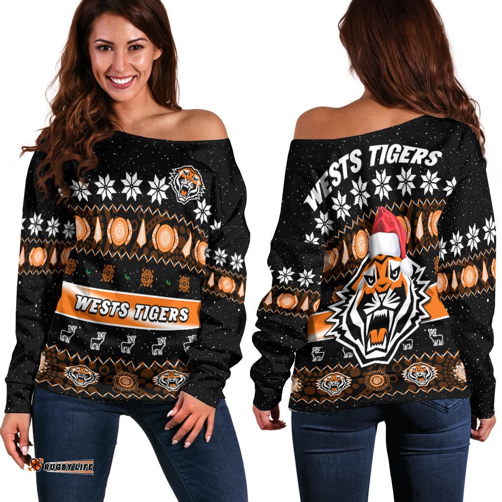 Wests Tigers Christmas Off Shoulder Sweater Aboriginal Art Merry Xmas