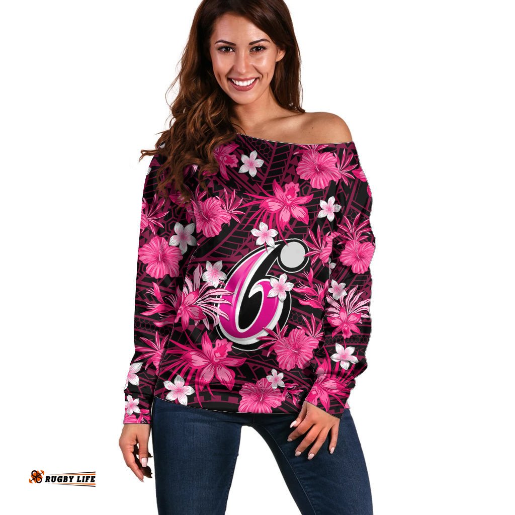 Australian Sixers Cricket Off Shoulder Sweater Baeuty Pacific Hibiscus and Polynesian Pattern