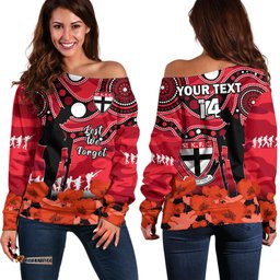 Custom Text And Number St Kilda Football ANZAC Off Shoulder Sweater Saints Aboriginal Mix Poppy Camouflage