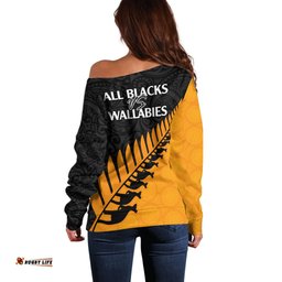 Australia Wallabies and Aotearoa Rugby Off Shoulder Sweater Kangaroo Black Fern Maori Gold Vibe