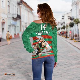 Custom Text And Number Rabbitohs Rugby Off Shoulder Sweater Aboriginal Dot Painting Glory Glory Sporty Style