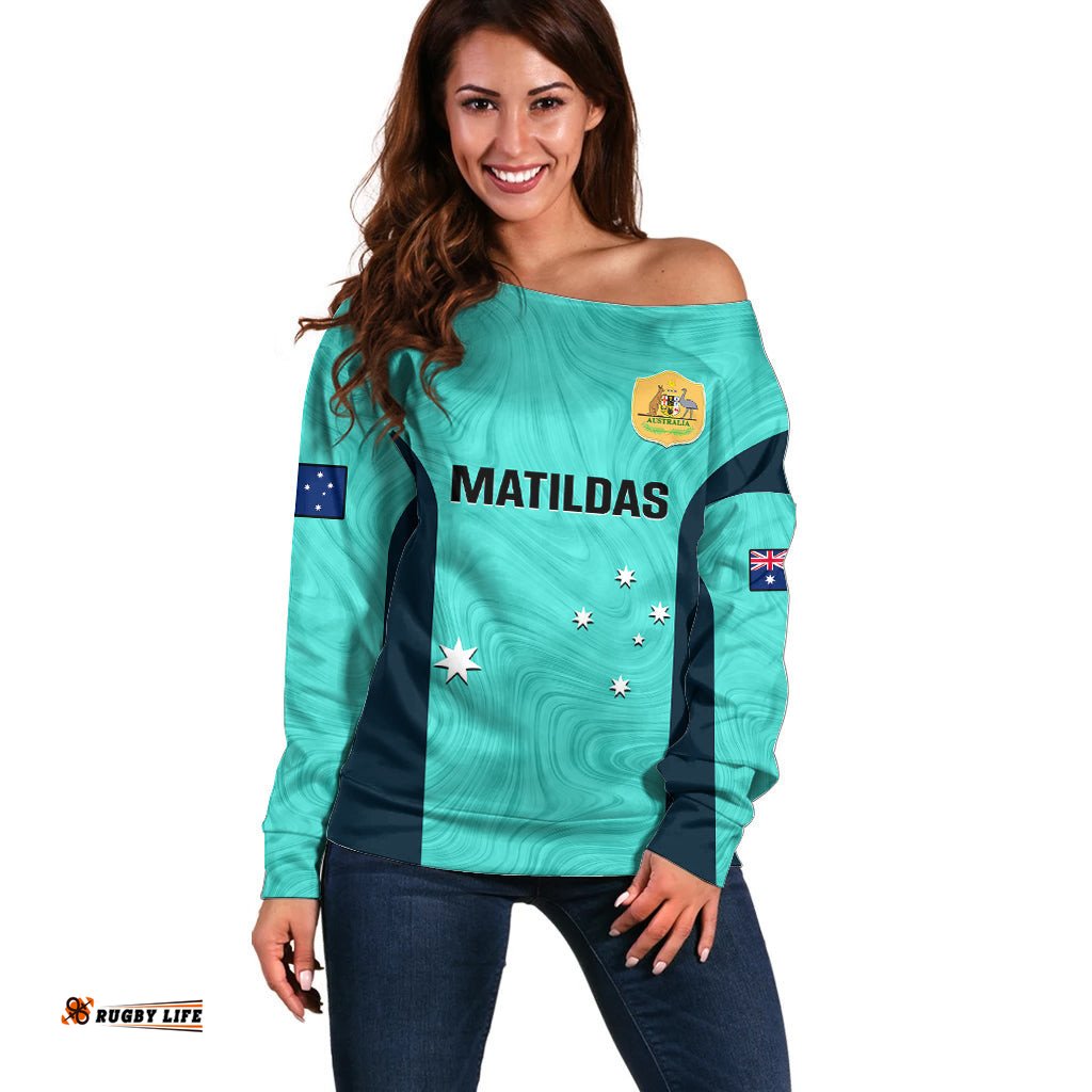 Australia Soccer Off Shoulder Sweater Turquoise Matildas World Cup Go Champions