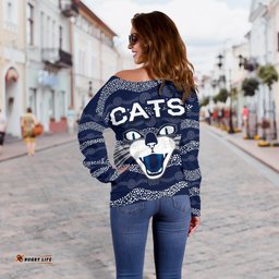 Geelong Women Off Shoulder Sweater Cats Indigenous Navy