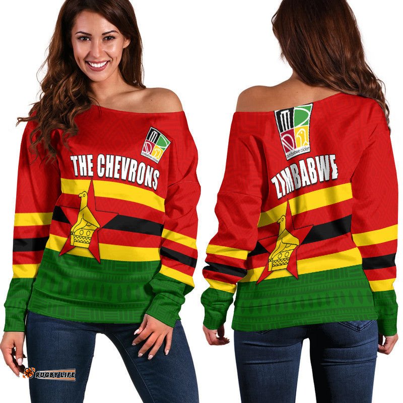 The Chevrons Cricket Mix Zimbabwe Flag and Indigenous Pattern Women Off Shoulder Sweater