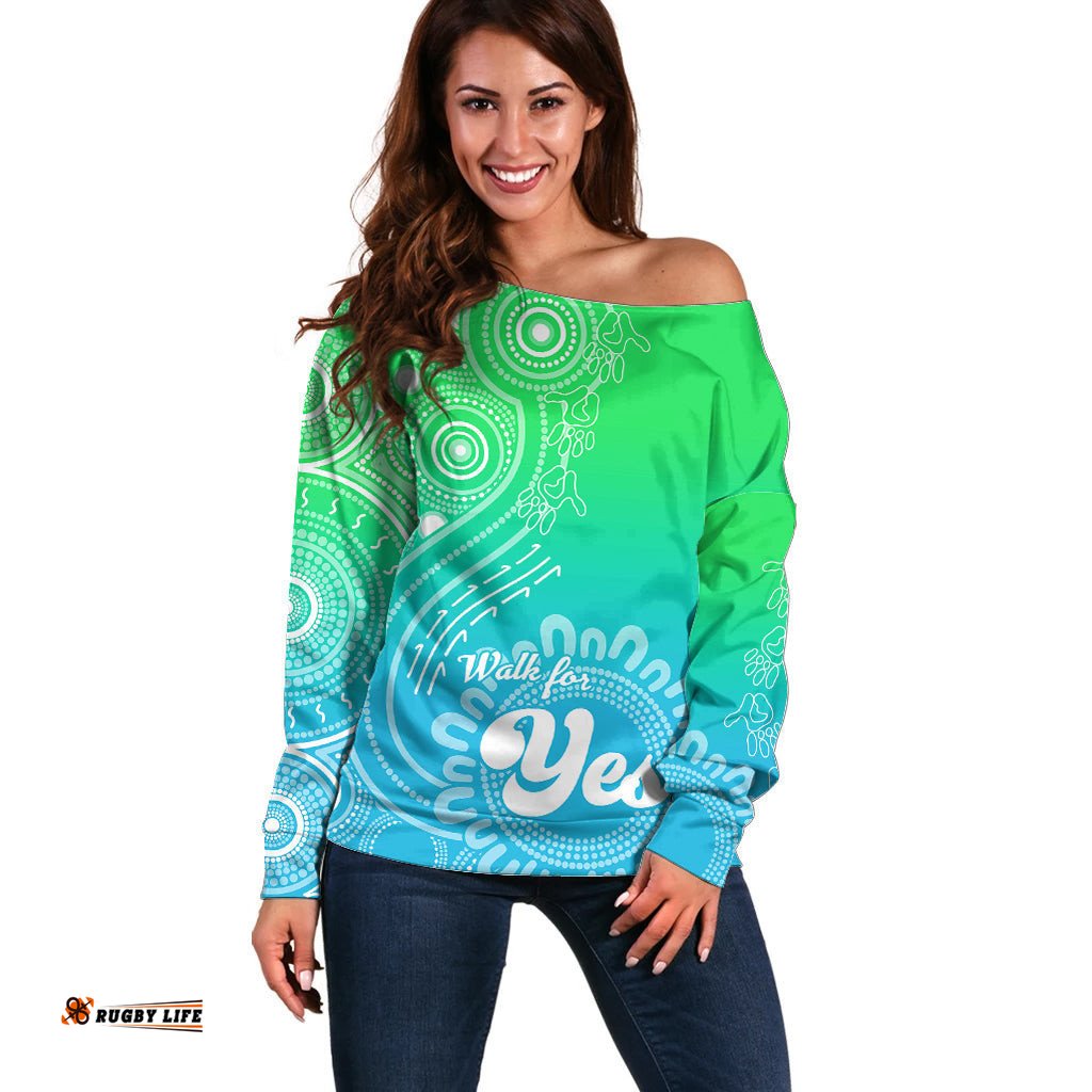 Australia Walk For Yes Off Shoulder Sweater Indigenous Voice Aboriginal Green Vibe