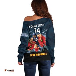 Custom Blues Football ANZAC Off Shoulder Sweater Gallipoli Camouflage With Poppies