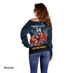 Custom Blues Football ANZAC Off Shoulder Sweater Gallipoli Camouflage With Poppies