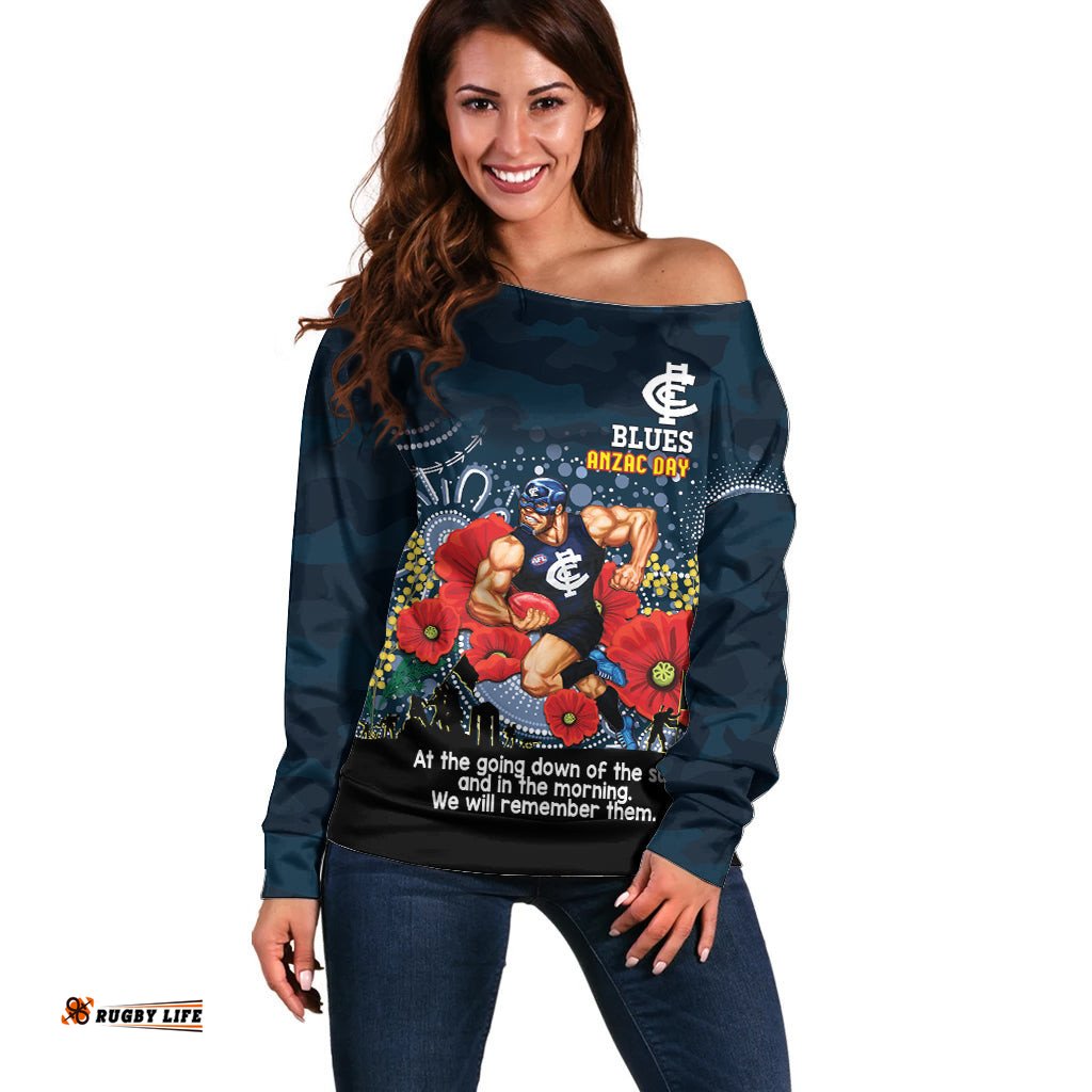 Custom Blues Football ANZAC Off Shoulder Sweater Gallipoli Camouflage With Poppies