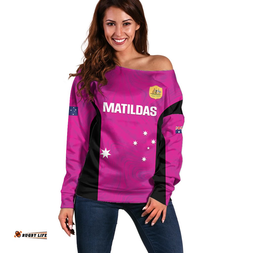 Custom Australia Soccer Off Shoulder Sweater Matildas Go Champions Pink