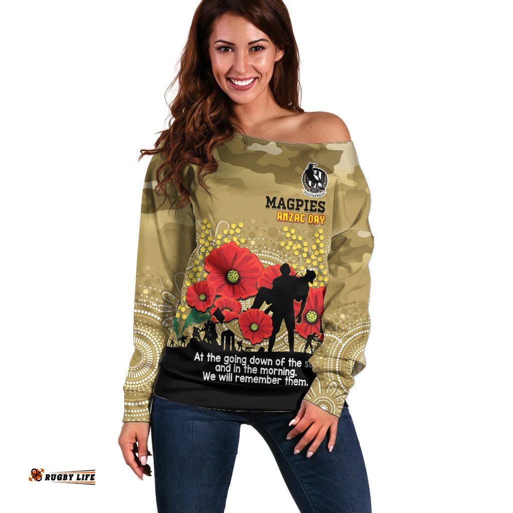 Custom Collingwood Football ANZAC Off Shoulder Sweater Gallipoli Camouflage With Poppies