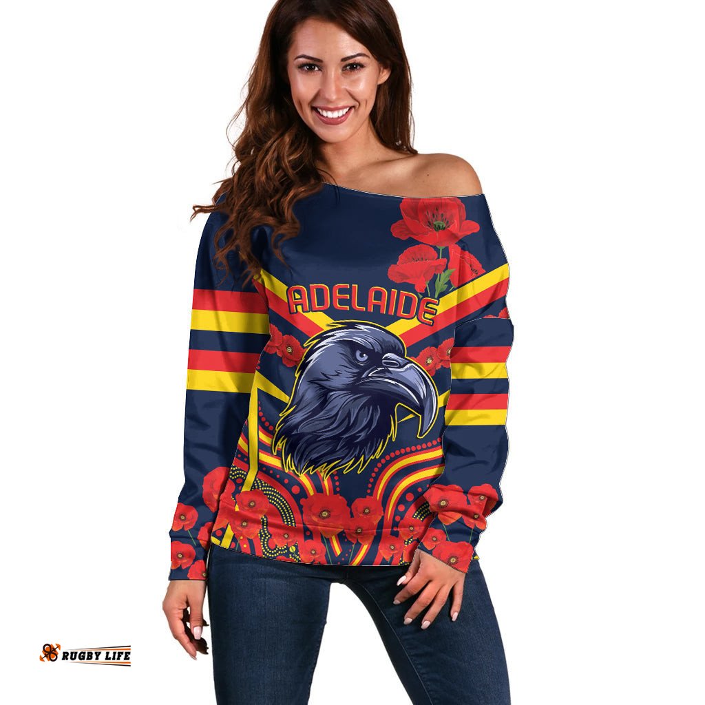 Custom Crows Football ANZAC Off Shoulder Sweater Poppy Soldier With Aboriginal Dots Art