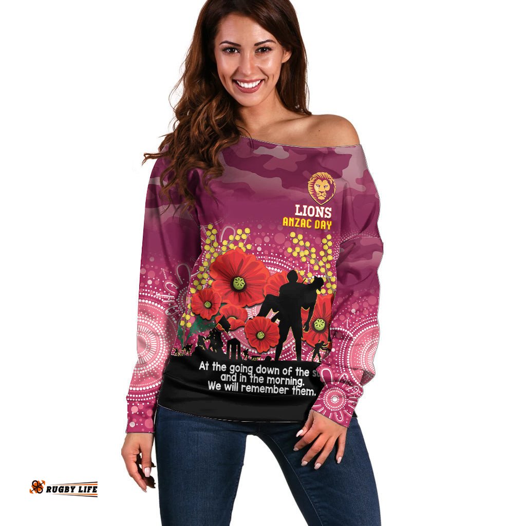 Custom Lions Football ANZAC Off Shoulder Sweater Gallipoli Camouflage With Poppies
