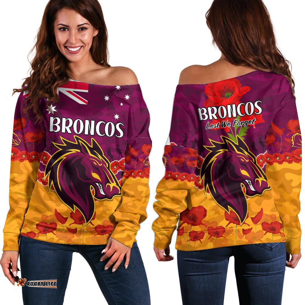 Broncos Rugby ANZAC Off Shoulder Sweater Lest We Forget