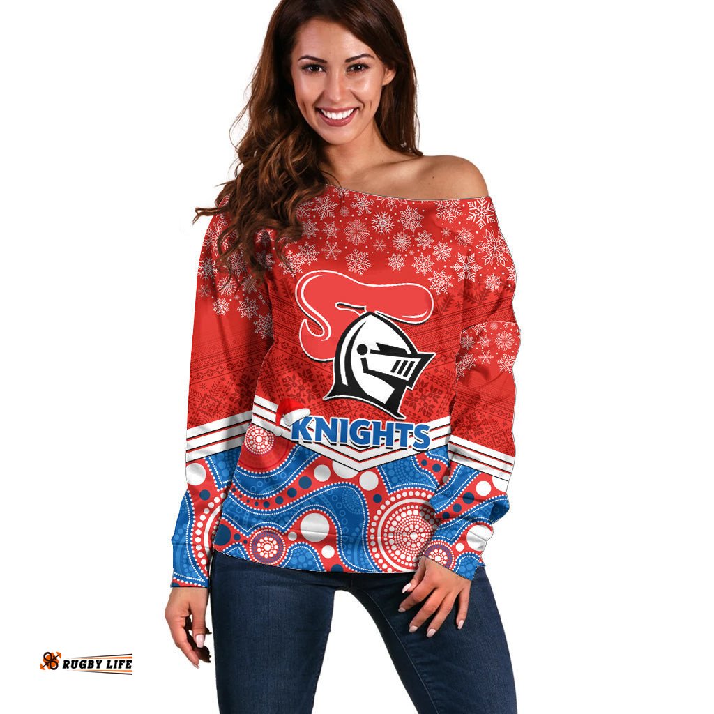 Custom Knights Rugby Christmas Off Shoulder Sweater Merry Xmas Mix Aboriginal Art