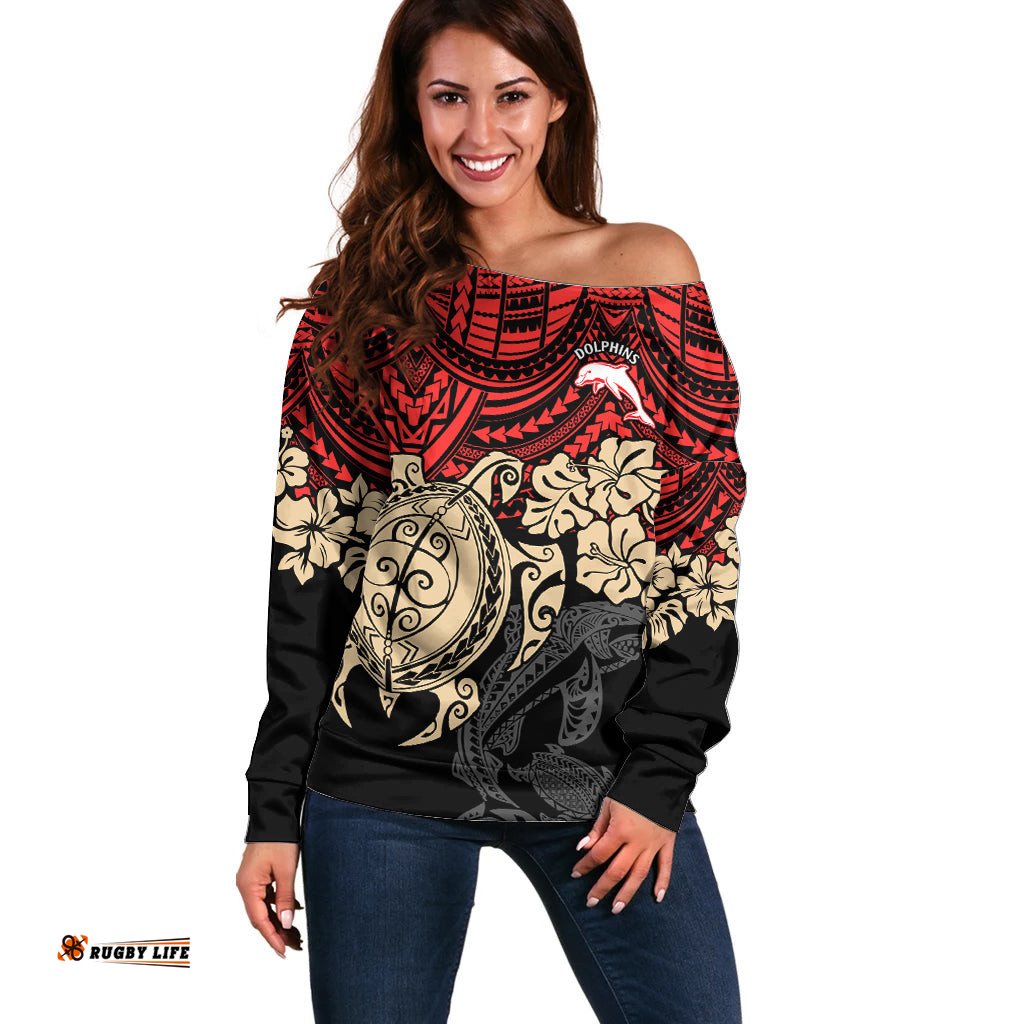 Custom Dolphins Rugby Off Shoulder Sweater Reddy Hibiscus and Turtle With Polynesian Pattern