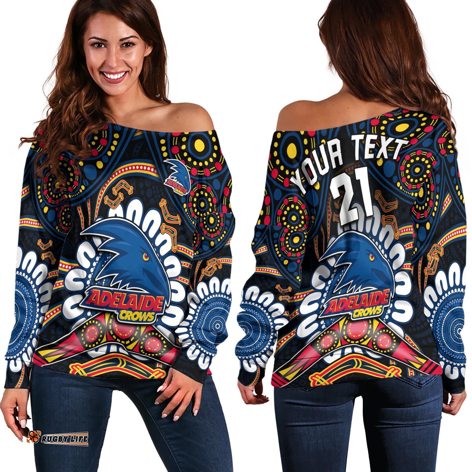 Custom Adelaide Crows Football Off Shoulder Sweater Boomerang Indigenous Dots
