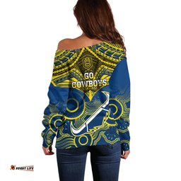 Cowboys Rugby Off Shoulder Sweater Aboriginal Mix Polynesian Pattern
