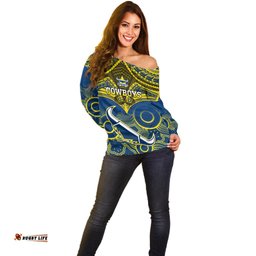 Cowboys Rugby Off Shoulder Sweater Aboriginal Mix Polynesian Pattern