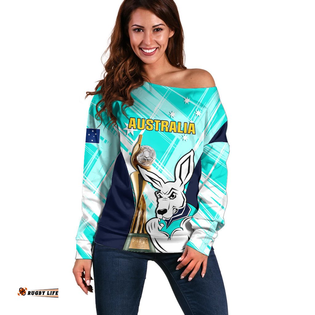 Custom Australia Soccer Off Shoulder Sweater Matildas Kangaroo With World Cup Trophy Turquoise Version