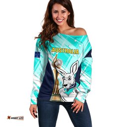 Custom Australia Soccer Off Shoulder Sweater Matildas Kangaroo With World Cup Trophy Turquoise Version