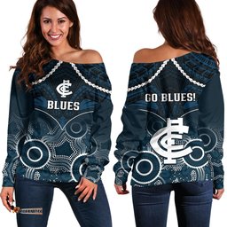 Carlton Football Off Shoulder Sweater Blues Aboriginal Mix Polynesian Pattern