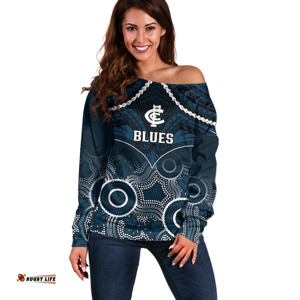 Carlton Football Off Shoulder Sweater Blues Aboriginal Mix Polynesian Pattern