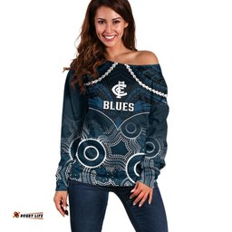 Carlton Football Off Shoulder Sweater Blues Aboriginal Mix Polynesian Pattern