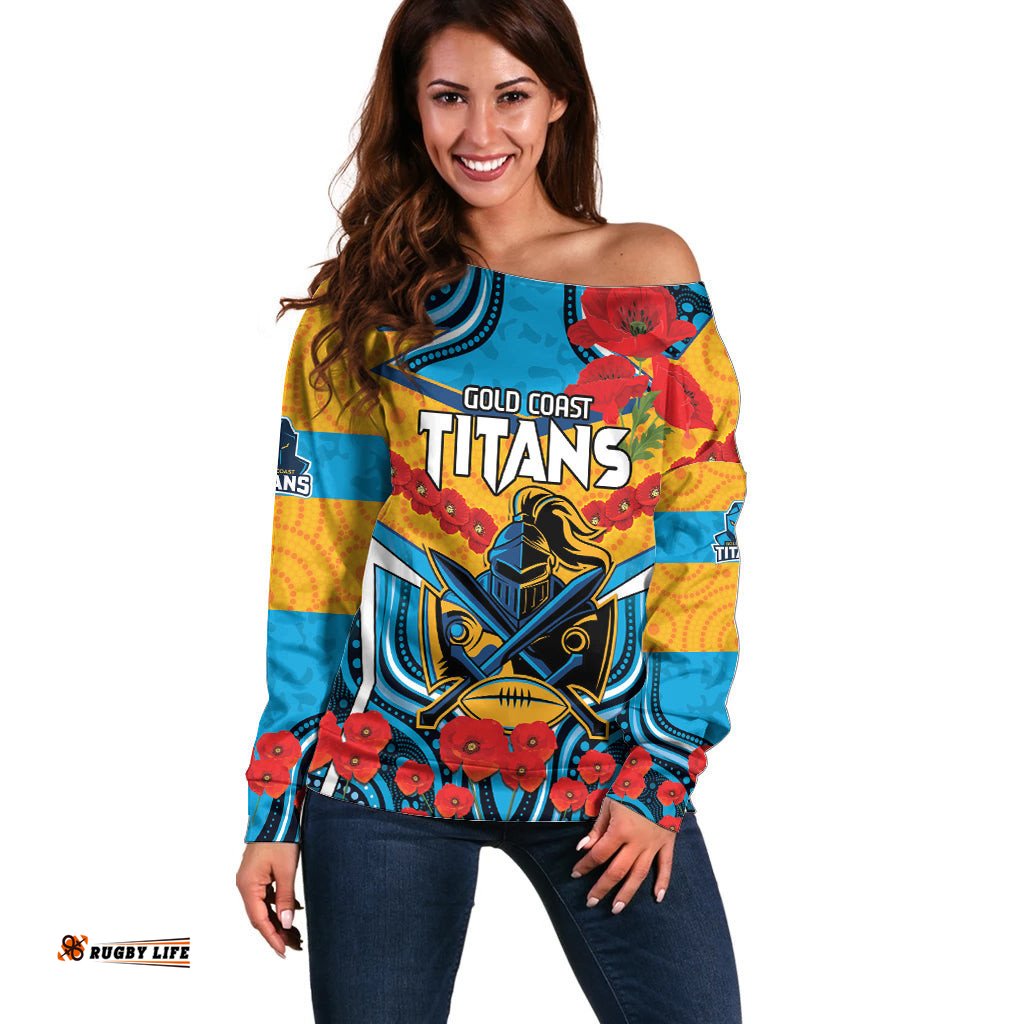 Custom GLD Titans Rugby ANZAC Off Shoulder Sweater Gallipoli Soldier With Aboriginal Art
