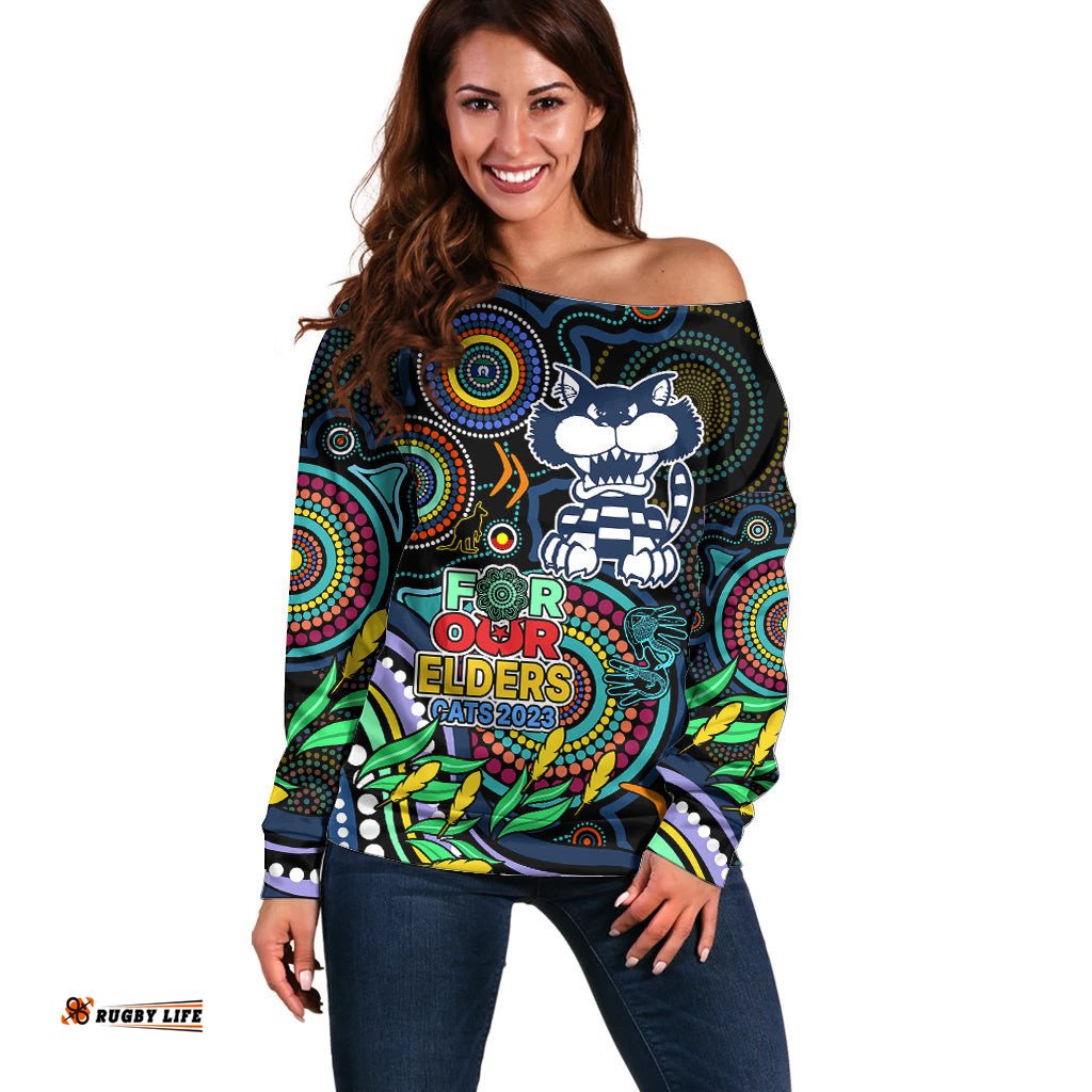 Custom Cats Football Aboriginal Art Off Shoulder Sweater NAIDOC Indigenous Tribal