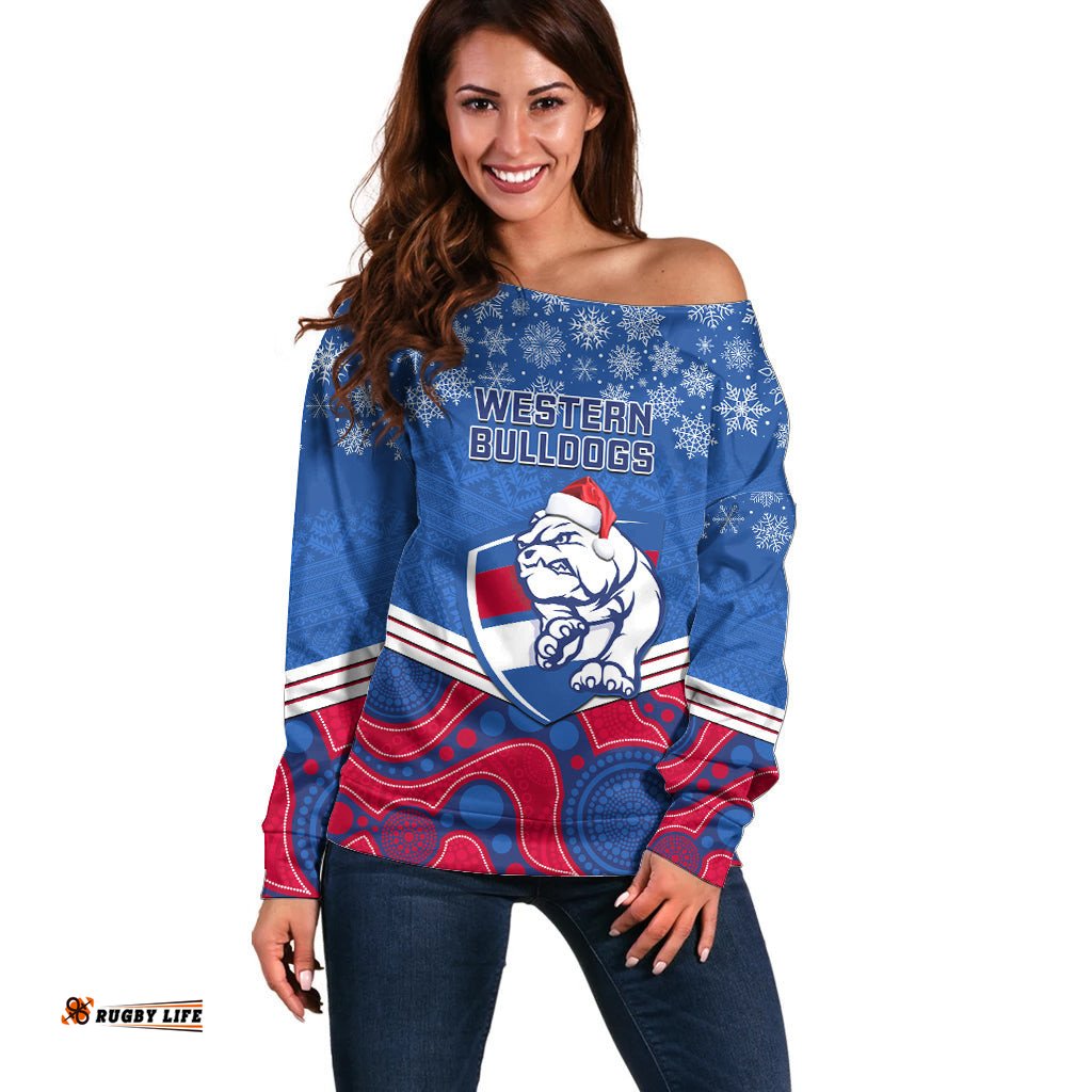 Custom Bulldogs Football Christmas Off Shoulder Sweater Merry Xmas Mix Aboriginal Art