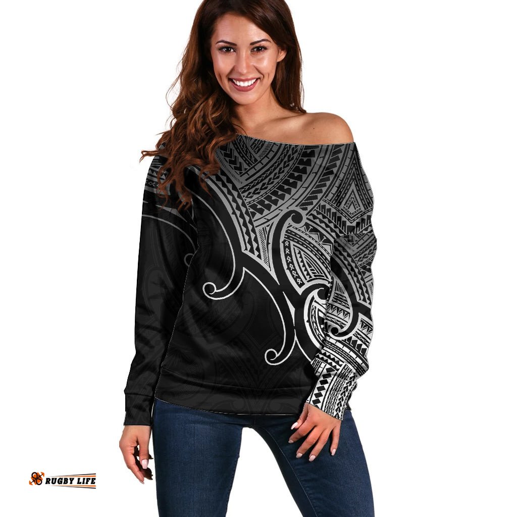 Custom Aotearoa Maori Koru Off Shoulder Sweater Polynesian Pacific Tribal Black