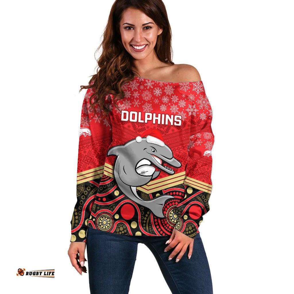 Custom Dolphins Rugby Christmas Off Shoulder Sweater Merry Xmas Mix Aboriginal Art