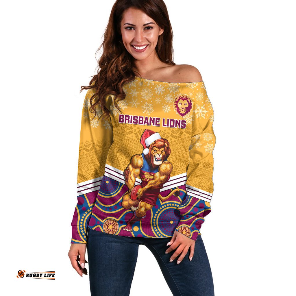 Custom Brisbane Lions Football Christmas Off Shoulder Sweater Merry Xmas Mix Aboriginal Art