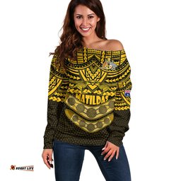 Custom Matildas Soccer Off Shoulder Sweater Polynesian and Aboriginal Gold Vibe