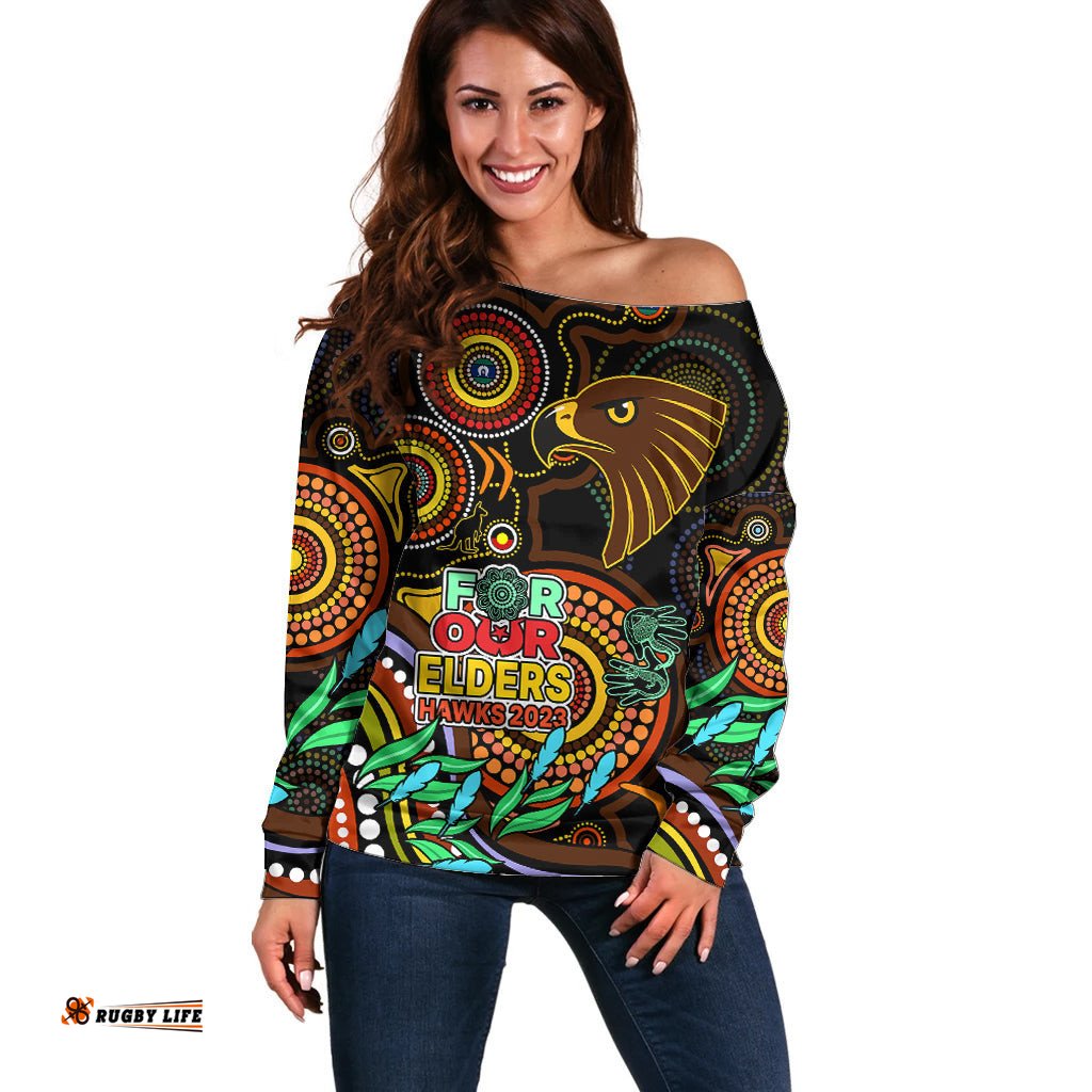 Custom Hawks Football Aboriginal Art Off Shoulder Sweater NAIDOC Indigenous Tribal